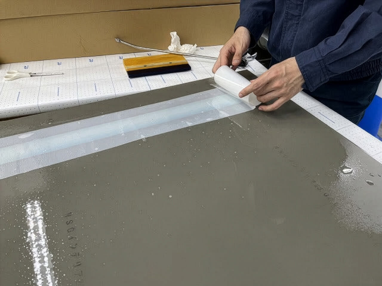 銀抜きした部分に乳白色のフィルムを貼っているところ2