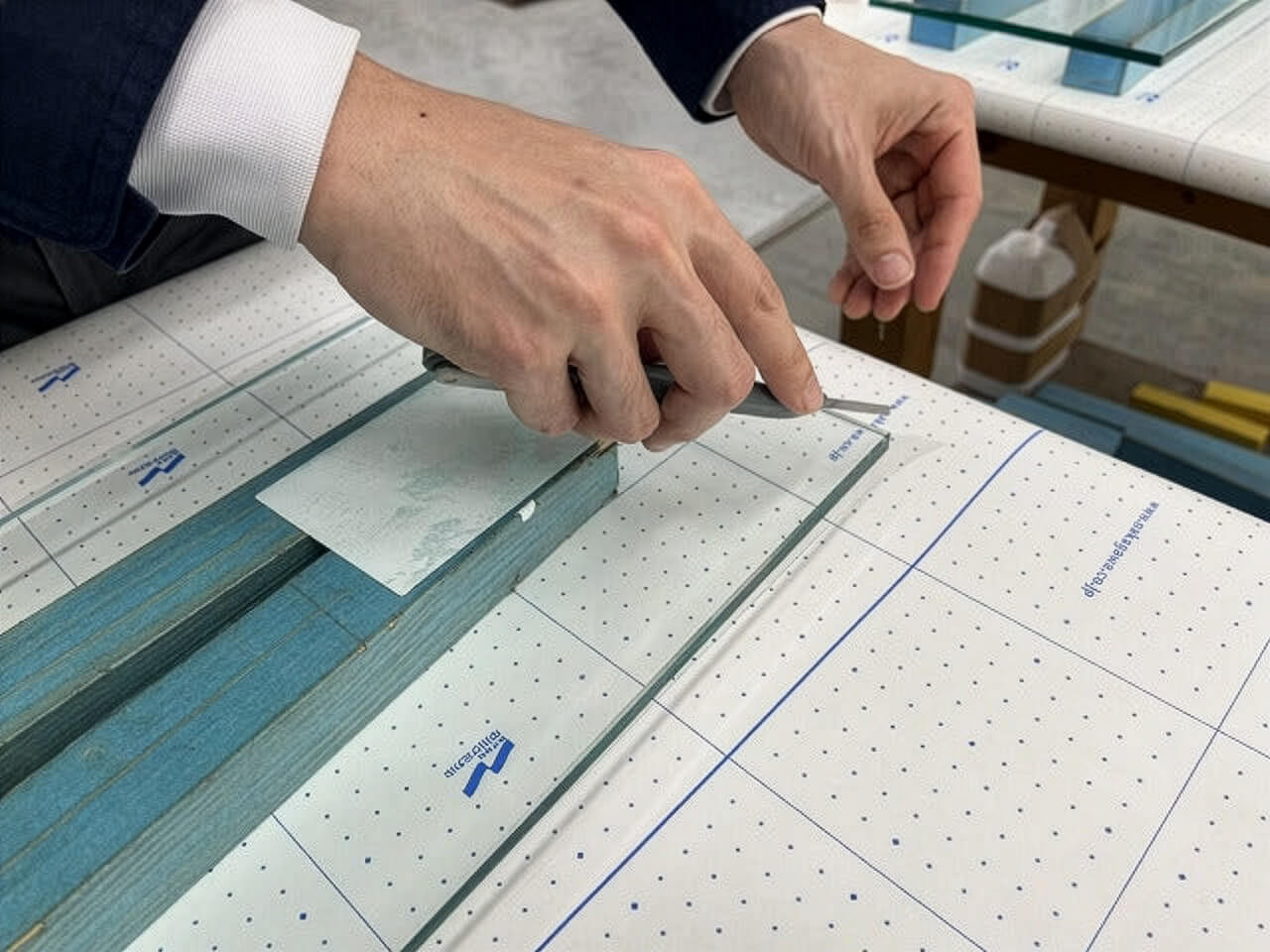 フィルムの余分な部分をカッターでカットしているところ